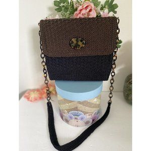 Christian Livingston Black Crochet Bag w Faux Tortoise Chain Strap Cross Body‎